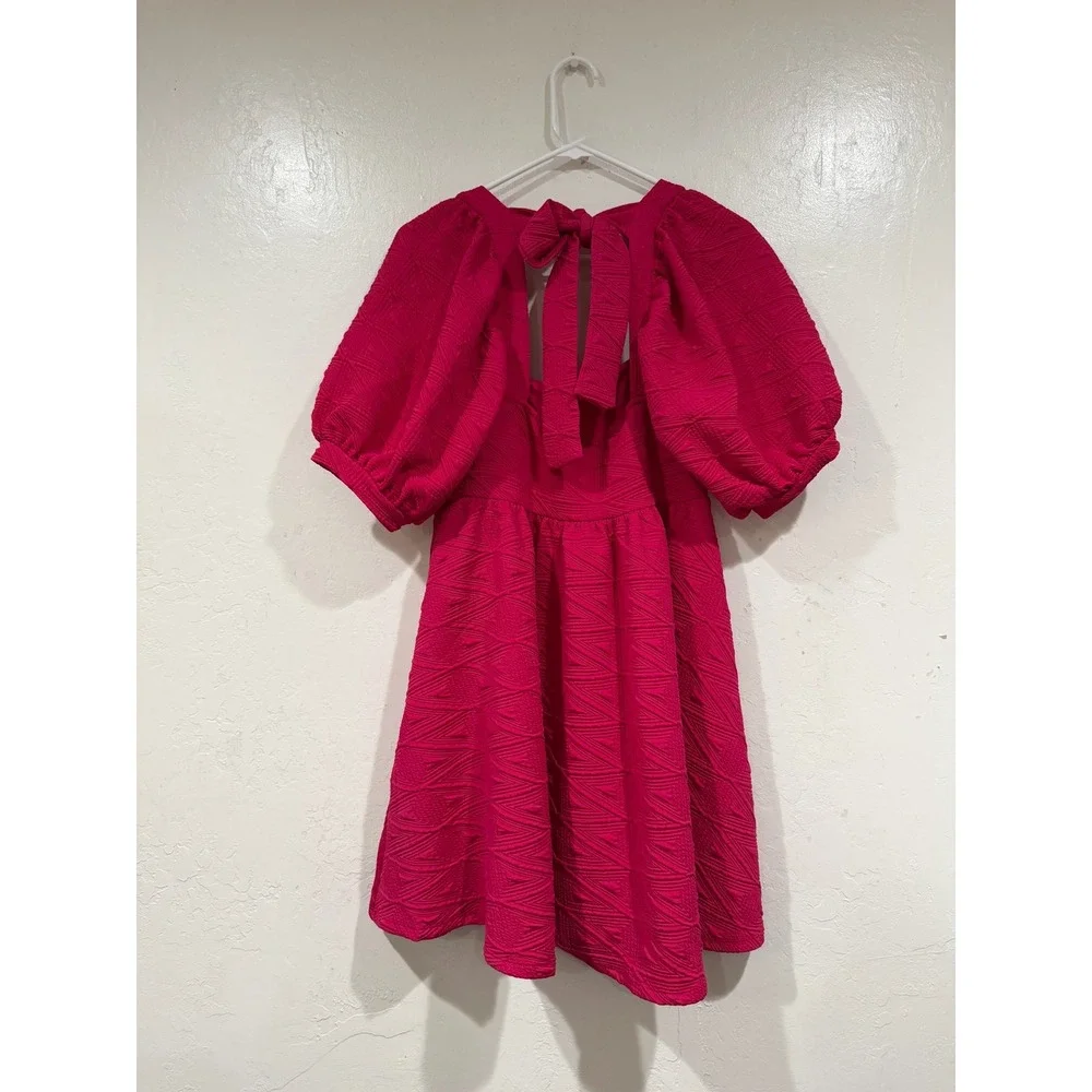 Free People Pink Jacquard Puff Sleeve Mini Dress Square Neck Tie Back Size M